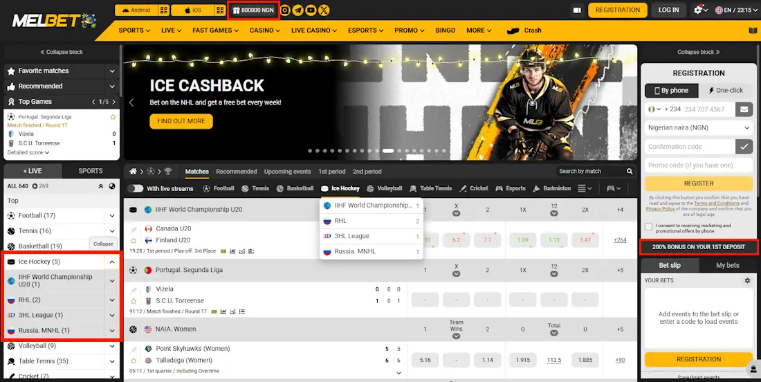 Melbet Sportsbook and Hockey Betting Screenshot